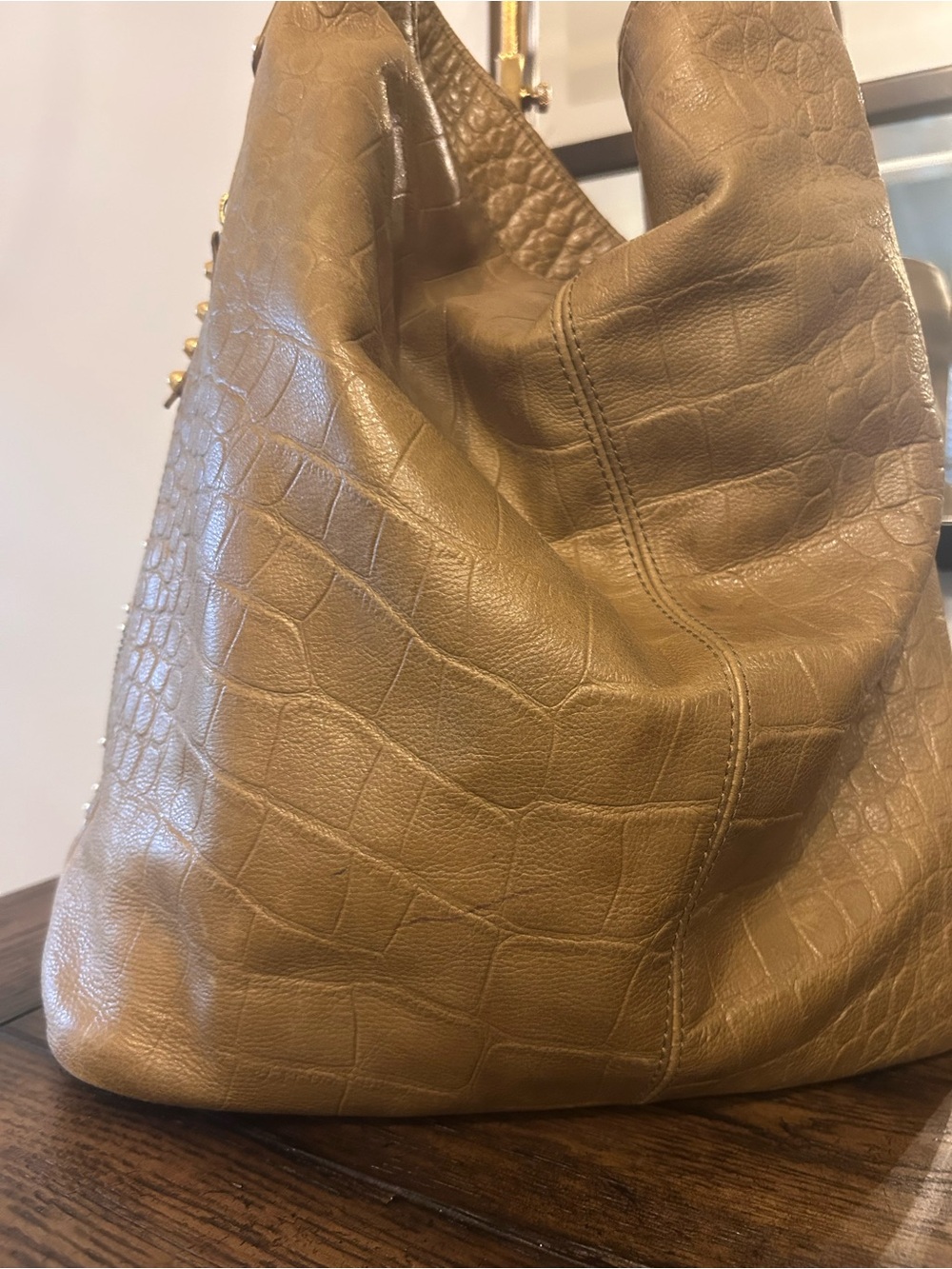Cynthia Rowley Studded Brown Crocodile-Embossed Leather Hobo Bag - Picture 9 of 10